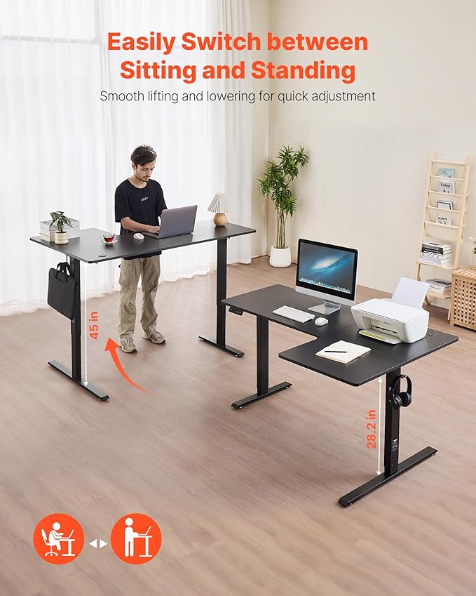 VEVOR Electric L Shaped Standing Desk 63"x39", 3 Memory Height Adjustable, Dual Motor Corner Sit Stand Up Desk with 2 Hooks, Heavy Duty Carbon Steel Computer Table Workstation, Easy to Assemble, Black