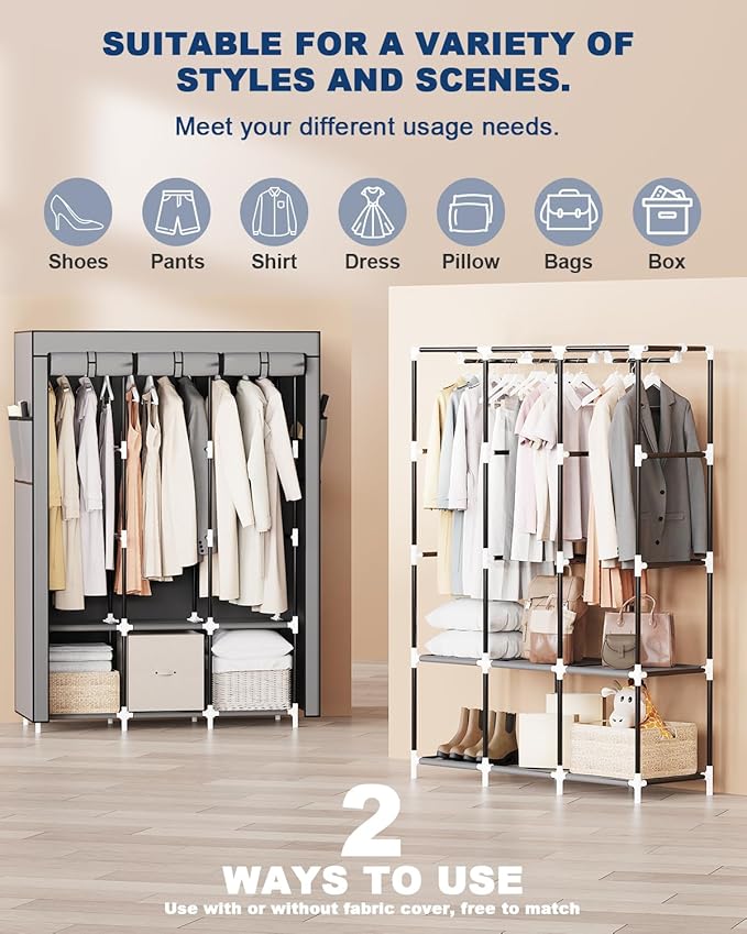 Mavivegue Portable Closet, Wardrobe Closet Organizer with Cover, 3 Hanging Rods and Shelves,Large Capacity for Bedroom, Living Room (Gray, 50" W x 17" D x 64" H)