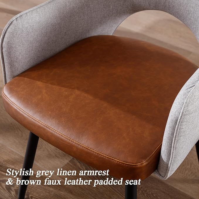 DUOMAY Modern Swivel Dining Chairs Set of 2, Linen & Faux Leather Upholstered Accent Side Chair, Home Office Desk Chair with No Wheels for Dining Room Living Room Office, Light Grey