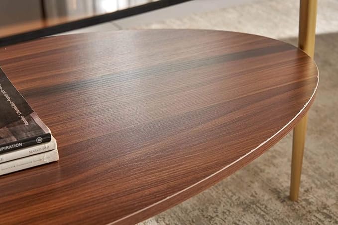 Shrine Oval Coffee Table, Mid-Century Modern Design, 2-Tier Structure, Amber Glass Top and Walnut MDF Shelf, 47" D x 21" W x 17" H, Sleek Conical Metal Legs with Gold Finish