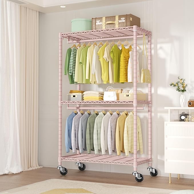 FUTASSI P3 Rolling Clothes Rack, Clothing Racks for Hanging Clothes, Heavy Duty Garment Rack with Wheels, Freestanding Portable Closet Organizer 39.4''W x 14''D x 78.5''H, Max Load 464 LBS, Pink