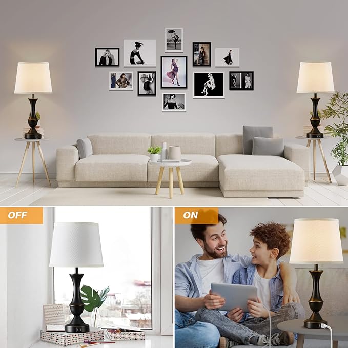 Luvkczc Touch Table Lamps Set of 2, 22" Tall Bedside Lamps with USB C+A Ports,Dimmable Nightstand Lamps, Table lamp for Bedrooms, Living Room, Office, Black Lamp with White Lampshade, Bulbs Included