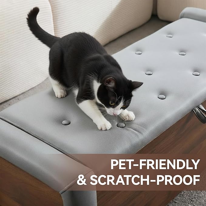 48" Large Storage Ottoman Bench, Faux Leather Upholstered Bed Bench with Button Tufted, End of Bed Ottoman with Safety Hinge for Bedroom, Living Room, Window，or Entryway, Drak Grey Shoe Storage Chest