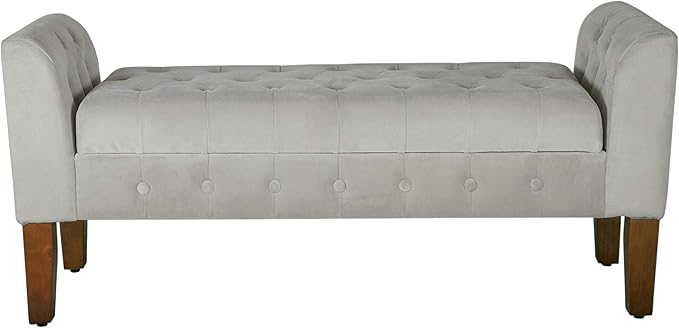 HomePop Velvet Tufted Storage Bench Settee with Hinged Lid, Grey