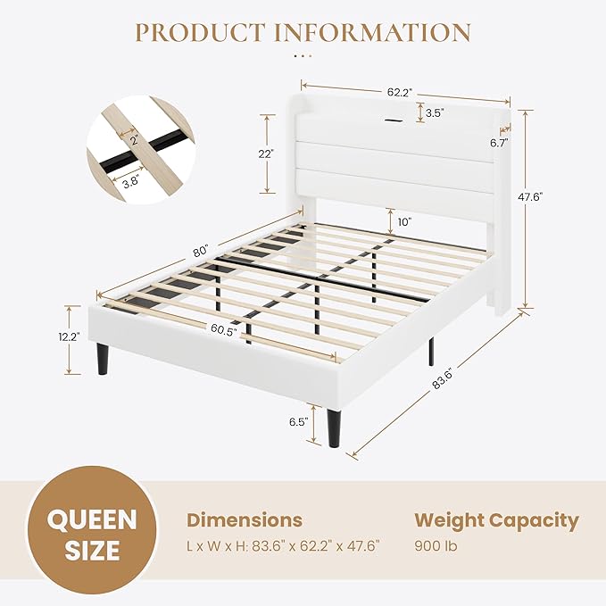 SHA CERLIN Queen Bed Frame with Charging Station, Velvet Upholstered Platform Bed, Wingback Storage Headboard, Type-C & USB Ports, Strong Wooden Slats, No Box Spring Needed, Easy Assembly, White