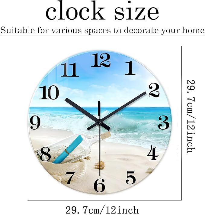 XNM Round Beach Blue Wall Clock for Bedroom Glass Small Wall Clocks Battery Operated 12 Inch Farmhouse Clocks for Walls