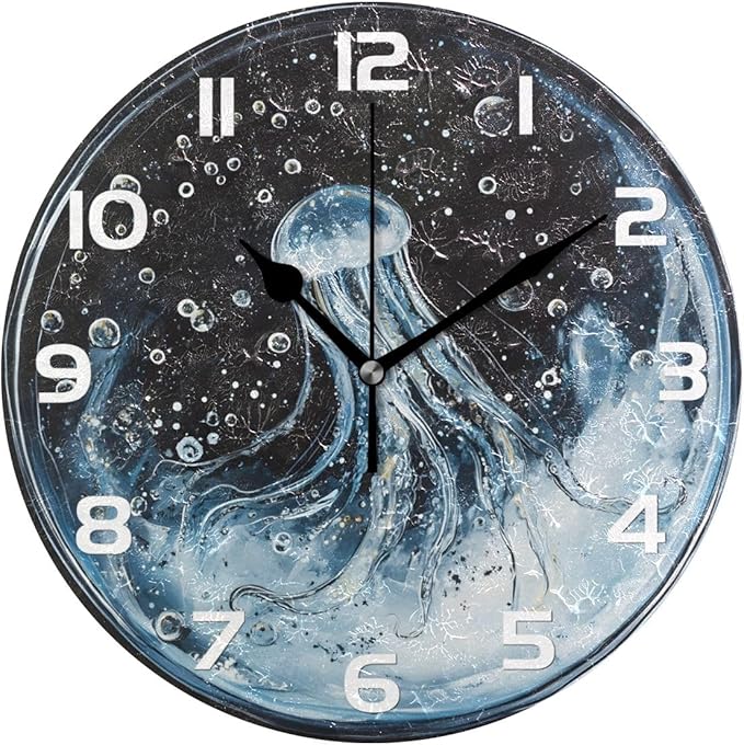 Wall Clocks Decorative Bedroom Silent Living Room Desktop Jellyfish Bubbles Tabletop Shelf Clocks Round Battery Operated 10 Inch Non-Ticking