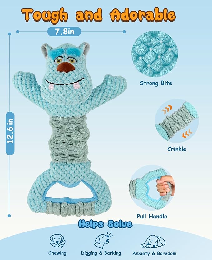 Swooflia Tug of War Dog Toy-Squeaky Plush Tug a War Dog Toy for Medium Large Breed Dogs to Keep Them Busy, Interactive Crinkle Doggie Toy, Cute Monster with Soft Long Pull Handle