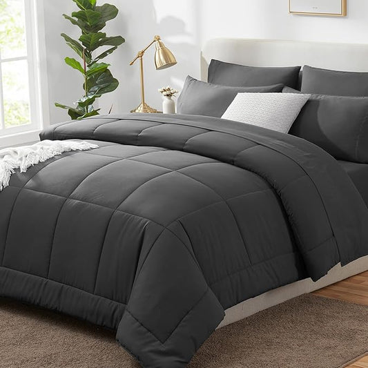 CozyLux Queen Comforter Set Dark Grey, 7 Pieces Bed in a Bag, Dark Gray Comforter Queen Size, All Season Bedding Sets with Stitch Quilted Comforter, Flat Sheet, Fitted Sheet, Pillowcases