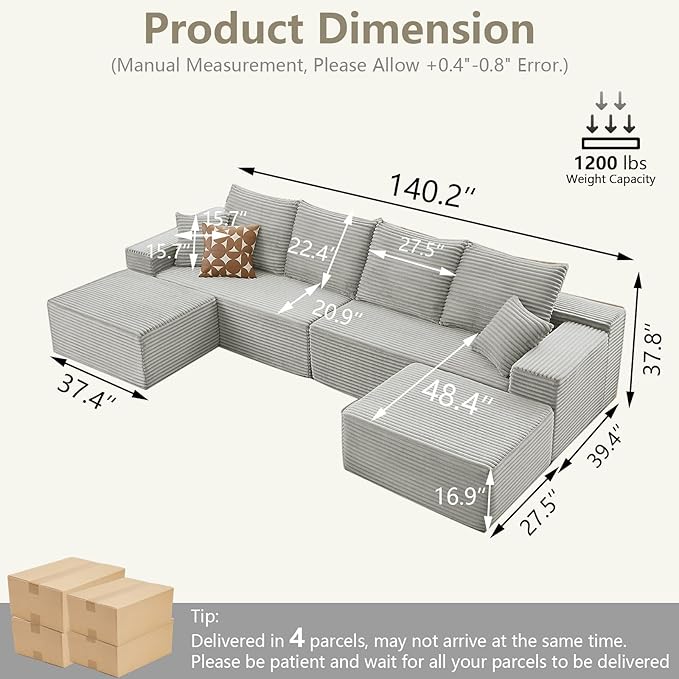 140" Sectional Cloud Couch for Living Room, Stupendous U Shaped Sofas, Modular Floor Deep-Seat Sofa, Big Comfy Corduroy Couches Set with Fluffy Memory Foam, No Assembly Required, Grey