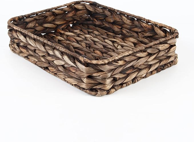 Water Hyacinth Woven Serving Tray Rectangular Hand-Woven Wicker Storage Trays for Coffee/Breakfast/Dessert/Fruit/Bread (Brown-Large)