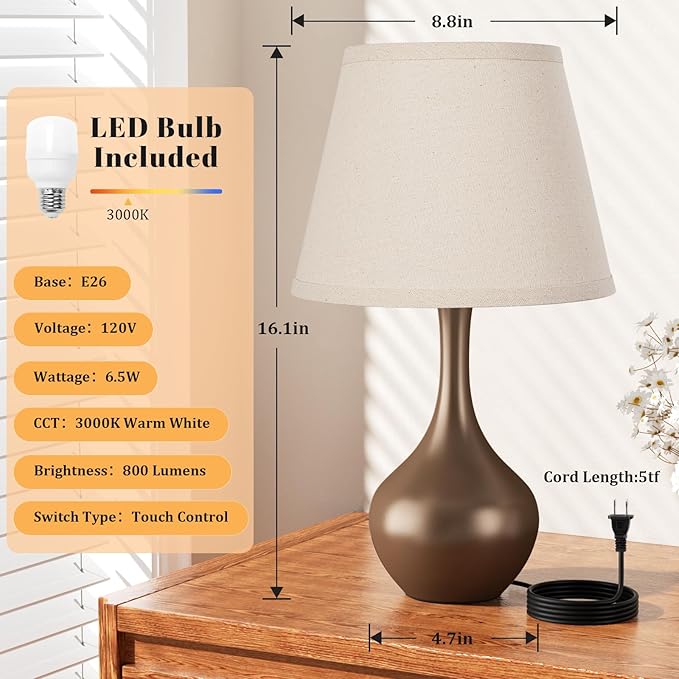 Seealle Touch Table Lamps for Nightstand, 3-Way Dimmable Small Bedroom Lamps for Night Stands, Brown Bedside Lamps for Living Room, Kids Room, End Table(LED Bulb Included)