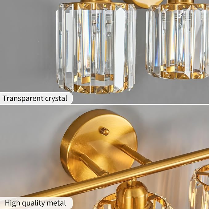 Modern 4 Light Crystal Vanity Light, Brushed Gold Vertical Bathroom Light Fixture Over Mirror for Dressing Table Sink, Compatible with Dimmable Bulbs (Bulbs Not Included)