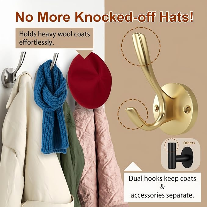 ZUONAI Gold Bathroom Towel Hooks Gold Coat Hooks 2 Pack Heavy Duty Brushed Towel Hooks Screws Solid Brass Wall Hooks for Hanging Coats, Hats, Jacket, Clothing and Keys in Bedroom Bathroom