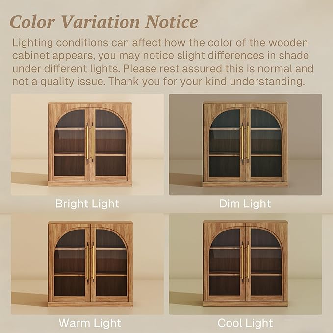 BELLEZE Set of 4 Modular Sideboard with Arched Glass Door, Accent Display Buffet Cabinet with Storage and Adjustable Shelves,Classic Modern Credenza for Dining Room Living Room Entryway (Camel)