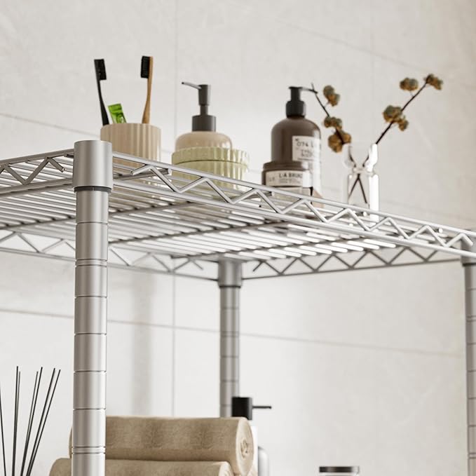 4 Tier Shelves Storage Shelf Wire Closet Bathroom Organizers Metal Pantry Kitchen Garage Shelving Unit Laundry Room Organization Home Rack Net Basket White with Wheels 14”D X 24”W X 48.9”H