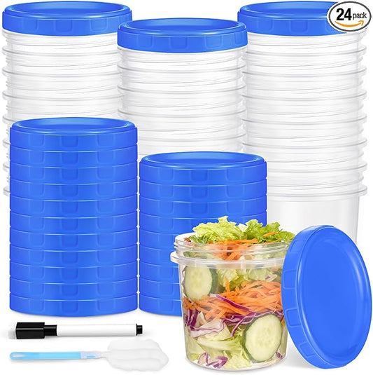24 Pcs 16 oz Plastic Deli Containers with Screw Lids, Freezer Storage Containers Reusable 2 Cup Food Storage Container with Pen & Brush for Snack Salad Fruit, Microwave & Dishwasher Safe