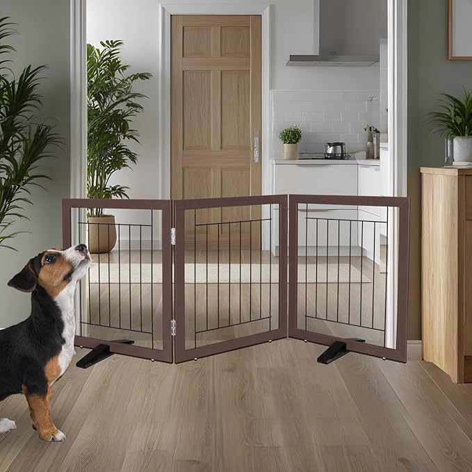 ZJSF Freestanding Dog Gate Indoor, Foldable Dog Fence for Doorways,Hallways or Stairs, Sturdy Wood Extra Wide Pet Gate with Support Feet,Brown,24 "Height-3 Panels
