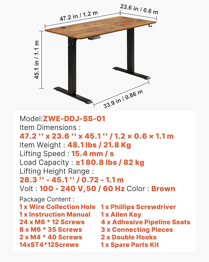 VEVOR Height Adjustable Desk, 47.2 x 23.6 in, Support 180 lbs, Electric Standing Desk with 3 Memory Presets, Sturdy Dual Metal Frame, Versatile Computer Sit Stand up Desks, Suitable for Home Office