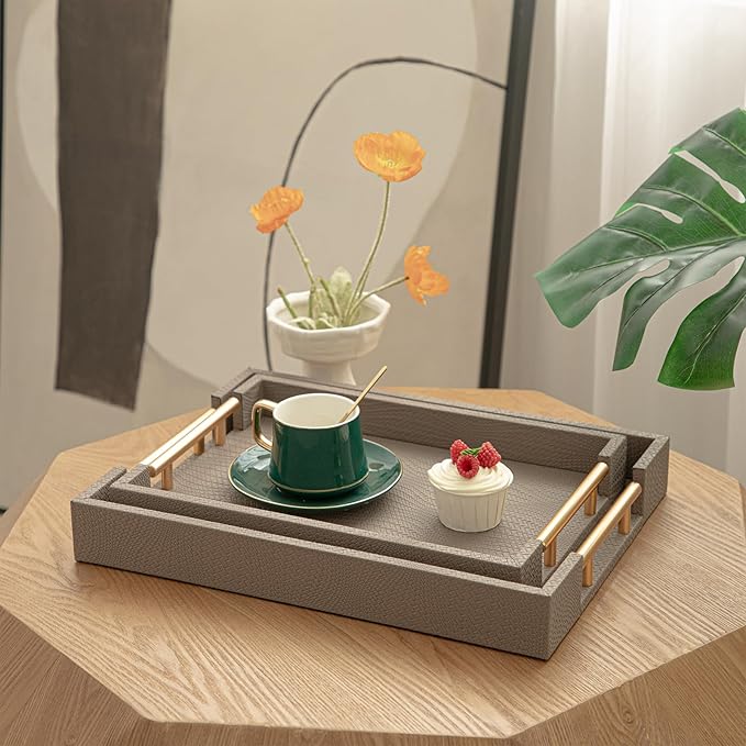 2 Piece Woven Leather Ottoman Tray with Gold Handles, Perfect Rectangular Serving Tray for Living Room, Coffee Table Tray as Thoughtful Gift for Home Decor Enthusiasts (Coffee Brown)