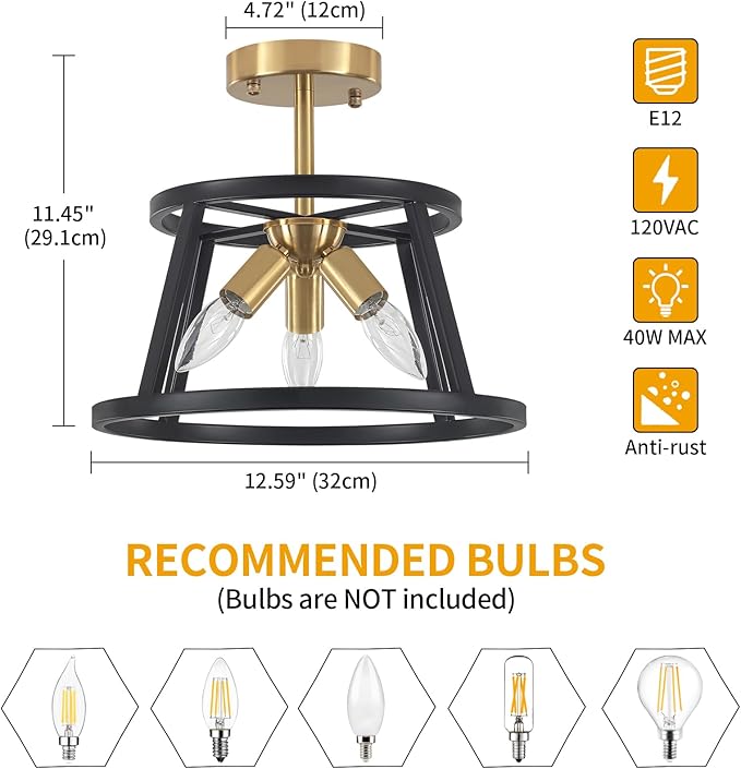 Modern Black and Brushed Gold Semi Flush Mount Ceiling Light, 3 Lights Industrial Close to Ceiling Light Fixtures, 12.59" Ceiling Lamp for Hallway Entry Laundry Bedroom Kitchen Lighting, UL Listed