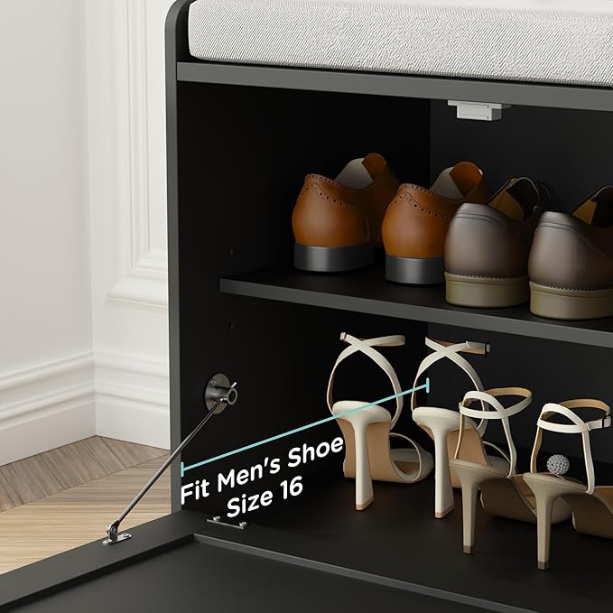 MHOM Rattan Shoe Bench for Entryway, Hallway and Bedroom - Boho Bench with Storage Cabinets and Seat Cushion - Wooden Storage Bench Fits up to Size 16, Black