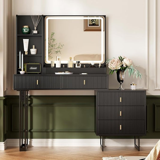 Large Vanity Desk with 3 Color Touch Screen Dimming Mirror, Vanity Desk with Charging Station, Modern Retractable Makeup Dressing Table, Makeup Table With storage shelves and 5 Sliding Drawers, Black