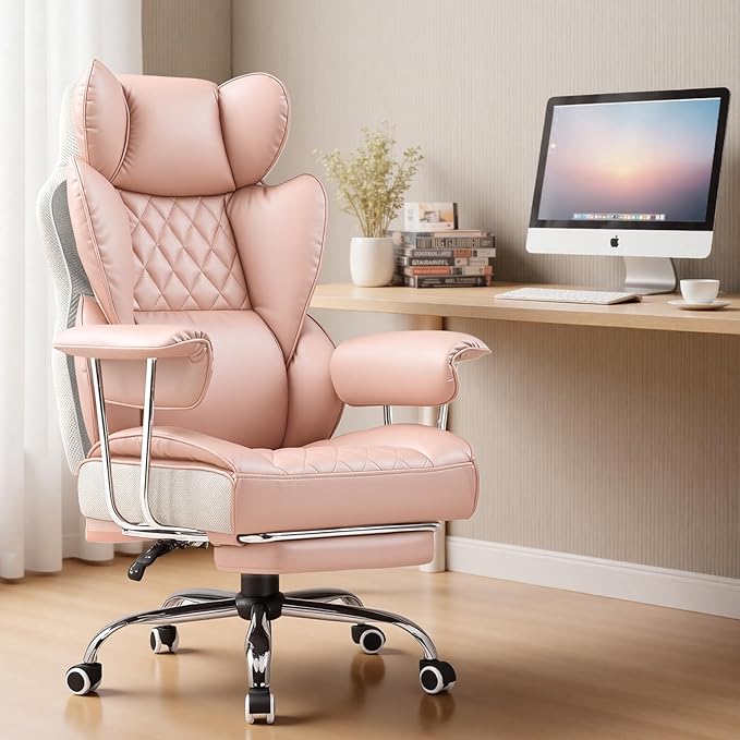 COMHOMA Big and Tall Office Chair, High Back Leather Gaming Chair with Footrest, Executive Ergonomic Office Chairs with Pocket Spring Lumbar Support and with Outward Fixed Soft Armrests