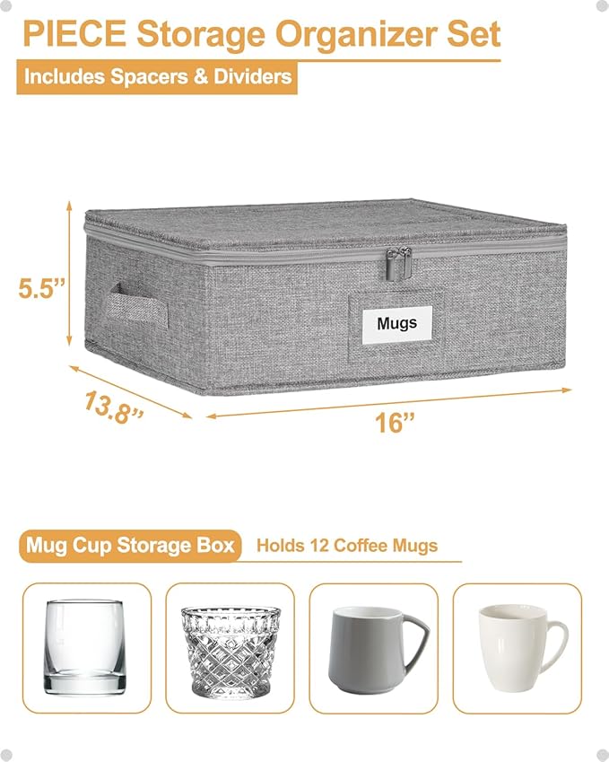 punemi Mug Storage Organizer with Rigid Top, Sides & Bottom, Padded Dividers, 2-Pack Stackable Coffee Mug Storage Boxes for Tea Cups, China Storage Containers for Packing & Moving
