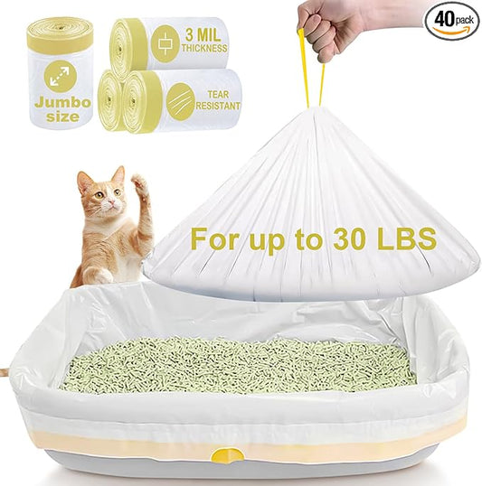 ELEGX 40 Count Litter Box Liners,HDPE Material 3MIL Extra Thick Heavy Duty 46" x 18" Jumbo Drawstring Cat String Liners,Compatible with Nature's Miracle/Petmate/Van Ness/IRIS,Tear & Leak Resistant