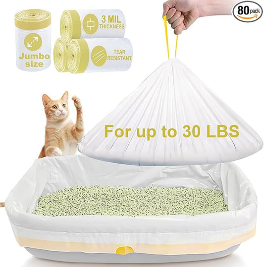 ELEGX 3MIL 46" x 18" Jumbo Cat String Liners Fit for Most Extra Large Litter Boxes,HDPE Material,50% Thicker Than the Others,Tear & Leak Resistant,Heavy Duty Drawstring Kitty Litter Pan Bags (80)