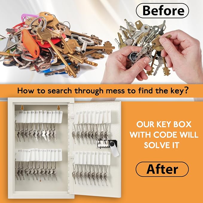 KYODOLED Key Storage Lock Box with Code, Locking Key Cabinet, 40 Key Holder Wall Mount with Combination Lock, Hooks & Tags Labels for Home, Office, Business, 2.5" D x 8.1" W x 12.1" H, White