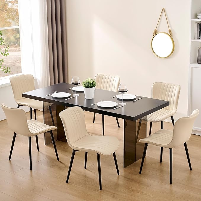 Modern Dining Chairs Set, Heavy Duty Upholstered Side Chairs with Faux Leather, Comfortable Cushions & Durable Metal Legs with Adjustable Feet, Perfect for Kitchen, Dining Room (Beige, Set of 4)