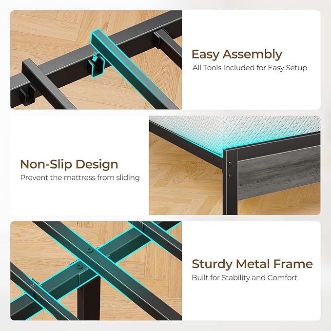 Seventable Bed Frame Queen Size with Charging Station, LED Bed with Upholstered Storage Headboard, Metal Platform Bed with Under Bed Storage, No Box Spring Needed, Noise Free, Easy Assembly, Black