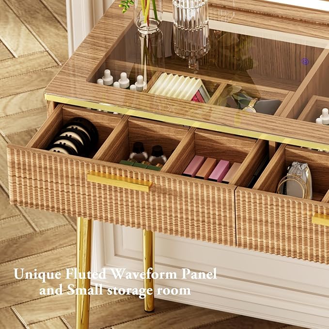 47.24" Big Modern Vanity Desk with Mirror and Lights,Makeup Vanity Desk with 5 Drawers and Storage Shelves & Power Outlet,Dressing Table with Glass Top, Oak