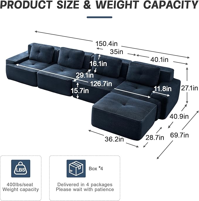 150.4'' Sectional Sofa, 32D Foam Corduroy Boneless Couch with Pillow, Deep Seat Wide Arm Sectional L Shaped Couch for Living Room, Apartment, Bedroom