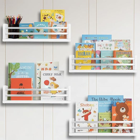 Nursery Wall Bookshelves 4-Pack, Floating Shelves for Kids Room Décor, Baby & Toddler Book Shelf Organizer, Solid Wood Wall-Mounted Rack for Books, Toys & Nursery Storage