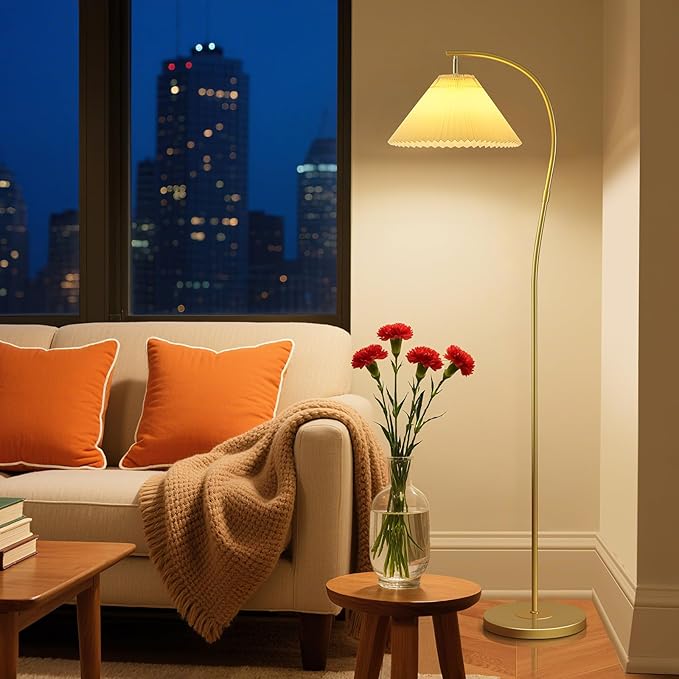 Unique Arc Floor Lamp, Bright 12W Three-Color Dimming, 14-inch Pleated Lampshade, Brass Gold Light Pole, Living Room Corner Bedroom Bedside Office Standing Reading Lamp, Modern Home Decor Tall Light