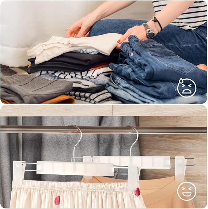Clothes Pants Hangers, Space-Saving Skirt Holders with 360 ° Swivel Hooks, Adjustable Clips, Trouser Hangers, Clothes Coat Garment Jeans Hangers (10 Pack, Transparent)