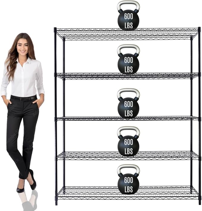 60"x24"x72" PRIME HEAVY DUTY Black 5-Tier Wire Shelving NSF 3000 LBS MAX Capacity Storage Rack for Commercial, School, Home, Garage, Warehouse, Industrial, and Hospital Uses (with Wheels)