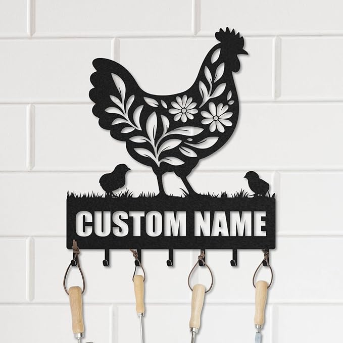 Personalized Key Holder for Wall, Custom Metal Chicken Key Hooks with Name, Meta Jacket Holder Hooks Organizer Rack, Jacket Hanger Decor for Kitchen, Entryway, Hallway, Office, Doorway