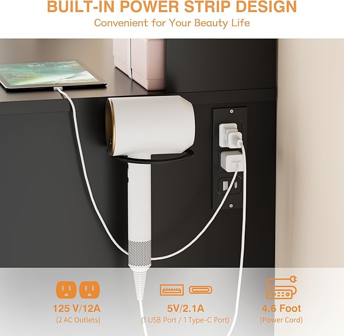 YESHOMY Vanity Desk with Mirror, 10 Lights, Power Outlet and 3 Storage Shelves, Makeup Table with 4 Drawers, 3 Color Modes, for Bedroom, Pure Black