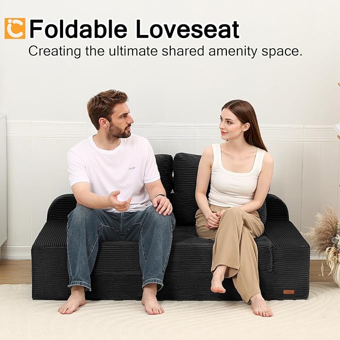 COMAX Convertible Sofa Bed Queen, Folding Floor Couch Corduroy Fold Out Couch Bed Sleeper Mattress with Back Pillows, Boneless Pull Out Loveseat Comfy Futon Lounge for Living Room Bedroom, Black