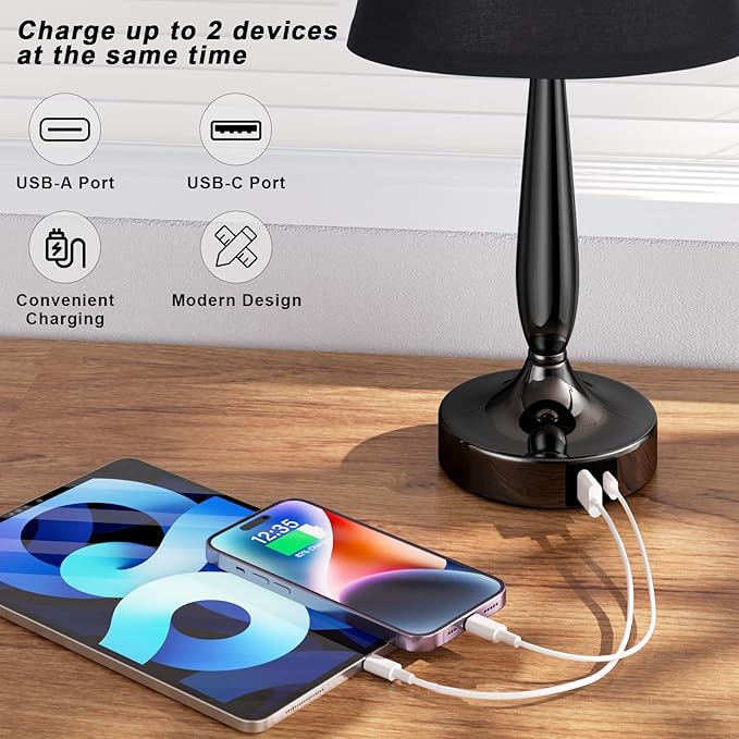 Kakanuo Touch Bedside Lamp for Bedroom with USB C Port, Small Touch Table Lamp with 2 USB Charging Ports, 3 Way Dimmable Nightstand Lamp for Living Room and Office - Black (LED Bulb Included)