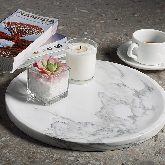 Marble Tray, White Bathroom Countertop, Decorative Serving Tray for Kitchen Counter and Coffee Table, Round Vanity Trays for Skincare and Perfume, Italian Statuario Natural Marble, 11.8