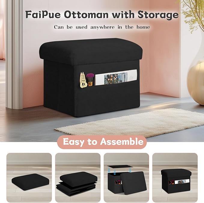 Small Ottoman with Storage, Folding Foot Rest Stool with Thicker Furry Padded Seat. Soft Fur Storage Ottoman Bench for Bedroom Living Room, Holds Up to 300 lbs, 17x13x13IN (Black)