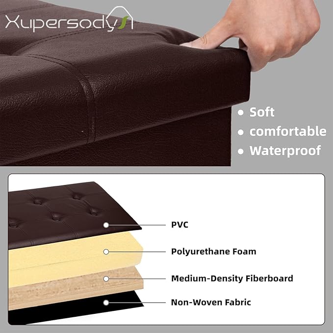 30 Inches Folding Storage Ottoman Bench, Faux Leather Footstool Ottoman, Storage Trunk Footrest for Bedroom, Living Room and Hallway, Support 350lbs, Brown(Brown line)