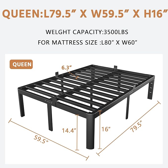 Queen Size Bed Frame Black, 16 Inch Metal Queen Bed Frame No Box Spring Needed, DIY Headboard Holes, Heavy Duty Steel Support 3500 LBS, Noiseless, Round Corner Leg, Storage Space, Easy Assembly