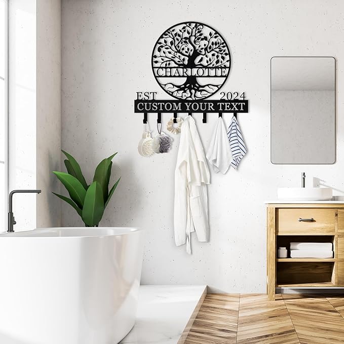 Personalized Metal Key Holder Wall Mount, Custom Name Tree of Life Key Holder for Wall, Key Organizer Rack with Hooks, Home Decor for Living Room Entryway Bathroom Kitchen, Housewarming Gifts Color03