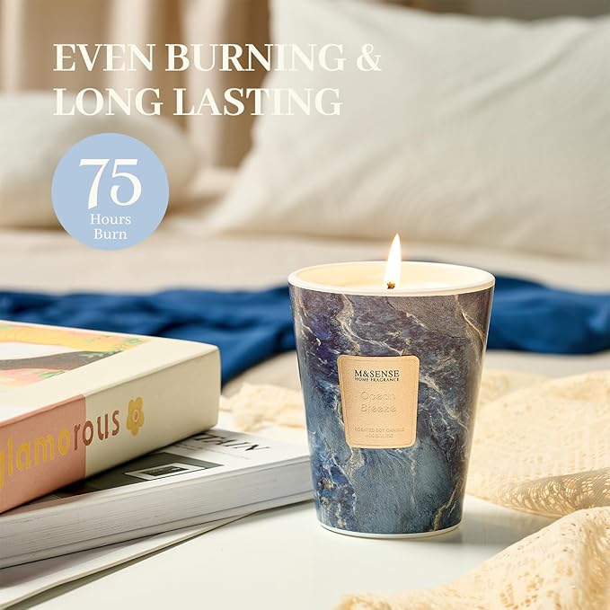 M&SENSE Ocean Breeze Scented Soy Candle, 3 Wick Highly Scented 14.1 Oz 80H, Aromatherapy Christmas Gift for Women and Men